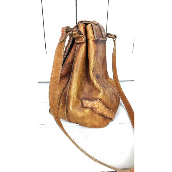 70’s vintage brown tooled patchwork leather drawstring bucket bag shoulder purse - Picture 7 of 10